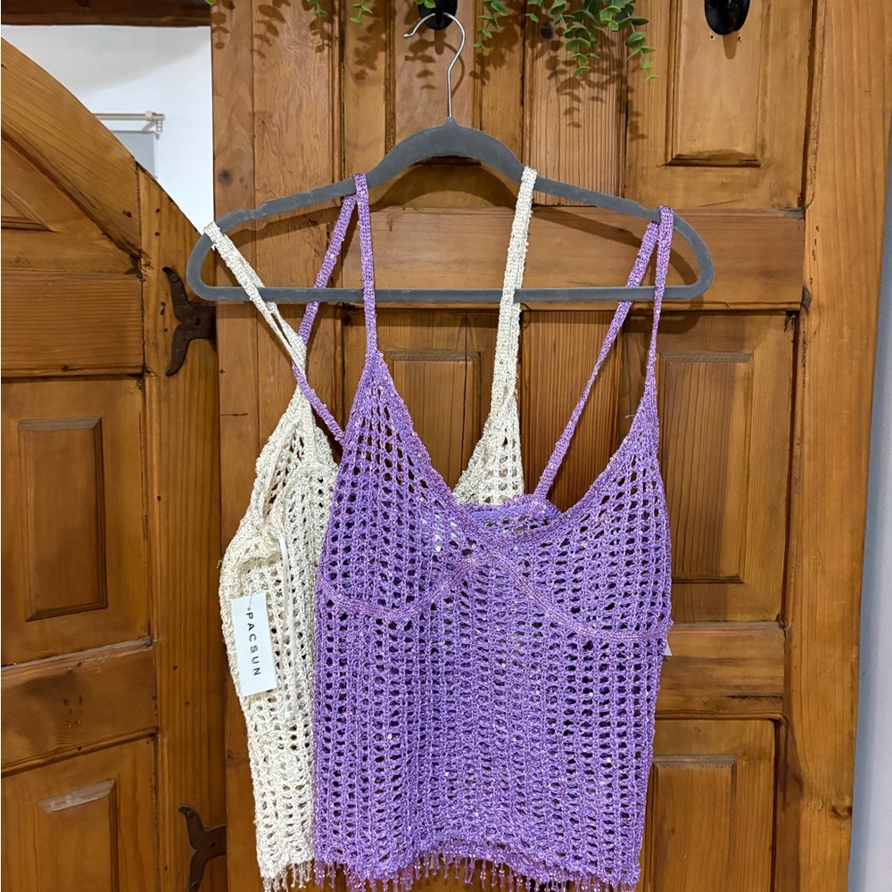 Purple and Cream Women's Crochet Tops